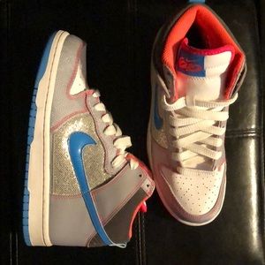 White/grey/blue/glitter high top nikes